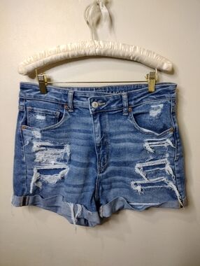 American Eagle 2021 Distressed High-Rise Blue Denim Mom Shorts